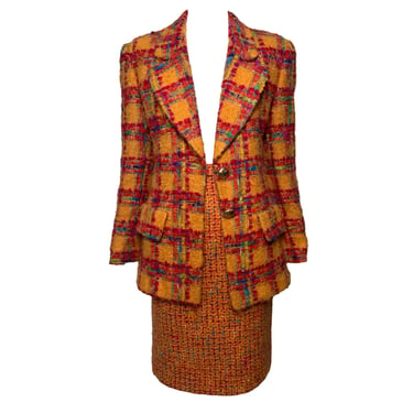 Anne Klein 1980's Nubby Knit Orange Plaid Skirt Suit