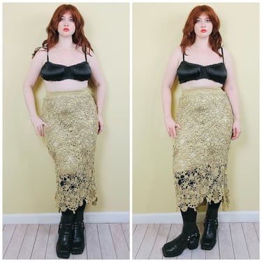 1990s Vintage Ramie Cotton Crochet Skirt / 90s Lurex Floral Beaded Flower Design Skirt / Medium 