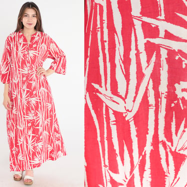 70s Hippie Dress Red Bamboo Print Maxi Caftan Dress 1970s Dress Boho Front Zip 3/4 Sleeve Lounge Hostess Dress Bohemian Vintage Medium 