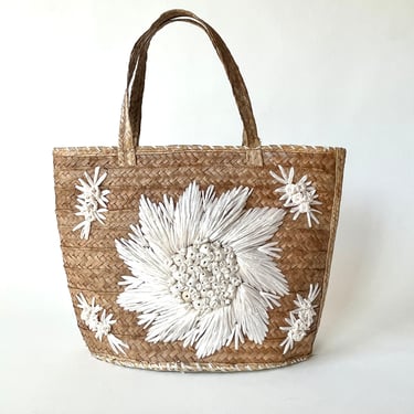 Vintage Straw Bag:  White Raffia Flowers 