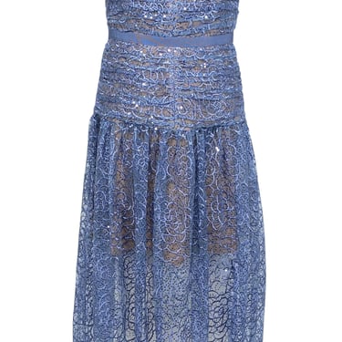 Self-Portrait - Blue Embroidered Sequin Strapless Midi Dress Sz 6