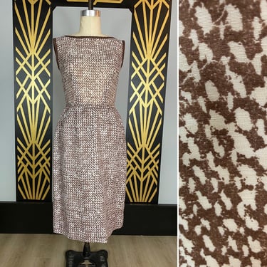 1950s sheath, brown and white cotton, vintage 50s dress, houndstooth, hourglass, 28 waist, mrs maisel, sleeveless, mad men, summer, shift 