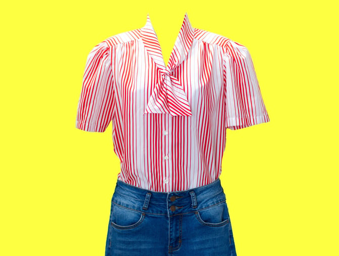 Vintage 1970s Red and White Striped Blouse | Short Sleeved | Small / Medium | 12 
