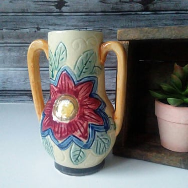 Vintage Multi Colored Ceramic Vase/ Majolica/ Made in Japan/ Hand Painted Textured Double Handle Urn/Southwest Country Cottage Core 