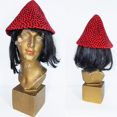 1960's Red and Black Polka Dot Hat I Cheetah Print I Italian Fur Felt I Conical Hat I Hari I Patrice Model 