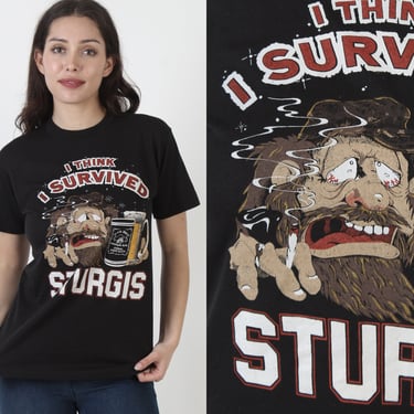 Vintage 1986 Sturgis I Think I Survived 2 Sided Motorcycle Rally T Shirt M 