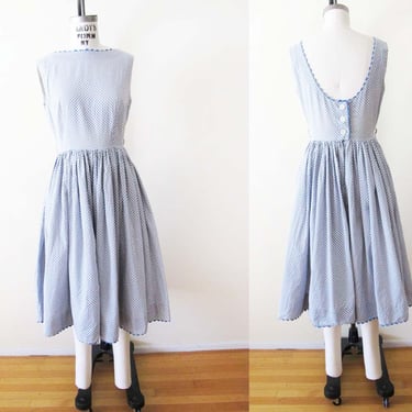 Vintage 60s Cotton Sundress Scoop Back S - 1960s Blue White Dainty Print Full Skirt Midi Dress - Audrey Hepburn 