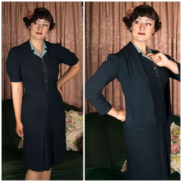 1930s Dress Set - Stylish Heathered Navy Blue Rayon Late 30s Matching Dress and Casual Jacket Set 