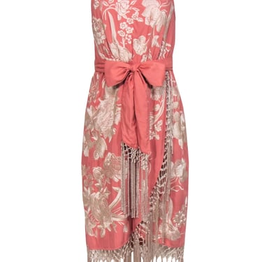 Anthropologie - Pink & Cream Floral Embroidered Midi Dress w/ Fringed Trim Sz 4