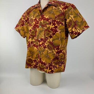 1950's early 60's TROPICAL Shirt - Made in CALIFORNIA - All Cotton - Loop Collar - Slash Pocket - Men's Size Large 