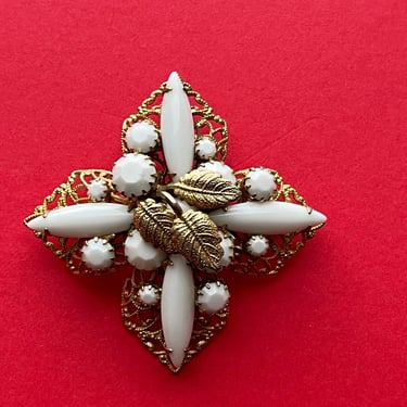 vintage milk glass brooch 1950s white glass cross and leaves pin 