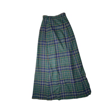 Vintage Fashioned by Gregory 60's Long Maxi Blue Green Wool Plaid Tartan Skirt, 24" Waist 