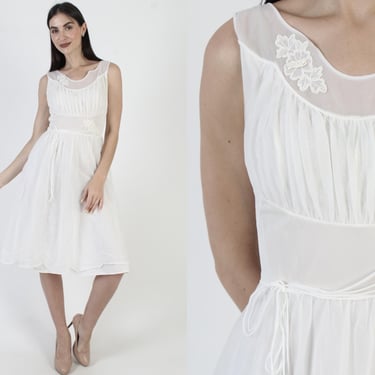 Shadow Line 50s Dress, Vintage Peignoir Nightgown, Plain White Tricot, Knee Length Rockabilly 