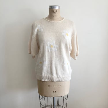 Oversized Daisy Intarsia Knit Short-Sleeved Pullover - 1980s 