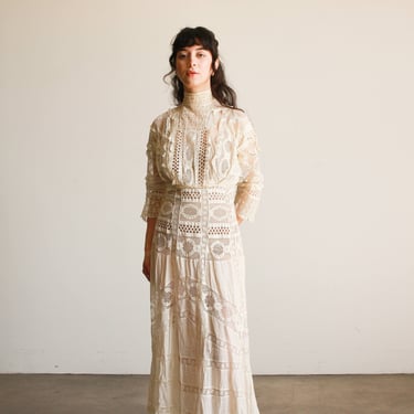 Antique Edwardian Ecru Mixed Lace Eyelet Lawn Dress 