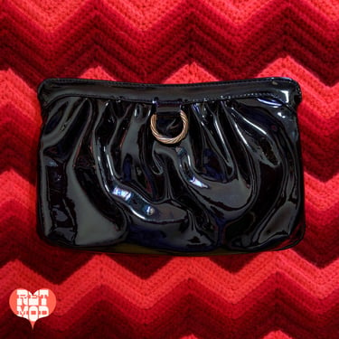 Fabulous Vintage 50s 60s Shiny Black Patent Leather Clutch Handbag with Metal Loops 