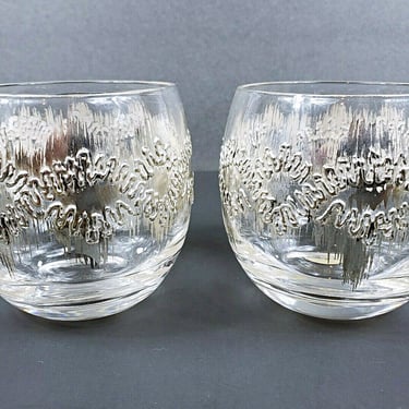 2 Dorothy Thorpe silver roly poly glasses, Atomic Splash whiskey glasses, Mid-century barware 