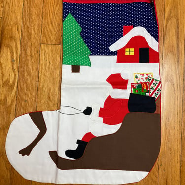 Handmade in Scotland Holiday Christmas stockings large modern look 70’s 80’s quilt style sewing craft primary colorful assortm kids sledding 