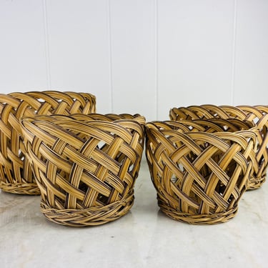 Vintage wicker plant baskets, hand woven, fine wicker, set of four, for plants, wicker storage basket, waste basket, boho decor, gift 