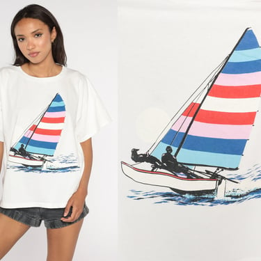 Sailboat Shirt 90s Sailor Tee Shirt Boat Nautical TShirt 80s Tee Vintage 1990s Boat Print Retro Graphic Single Stitch White Medium Large xl 