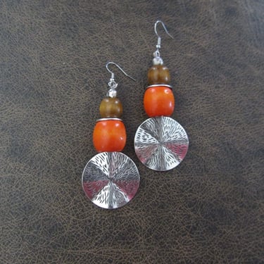 Etched silver southwestern boho chic earrings, orange 