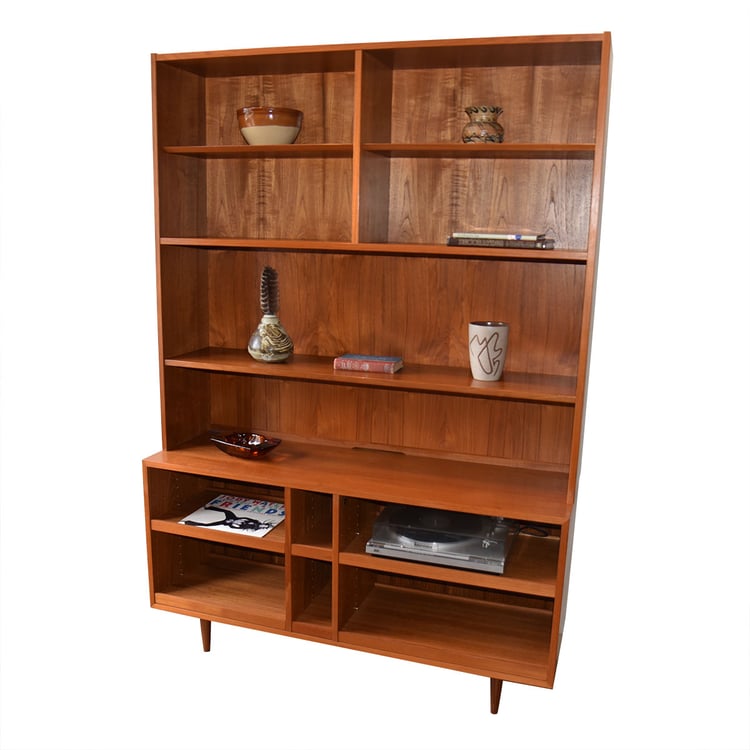 Danish Teak 2-Piece Open Media Cabinet w Pull-Out Shelves + Adjustable Display Top