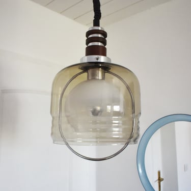 Vintage Pendant Light Fixture/ Large Retro Hanging Lamp/ Mid Century Chandalier/ Yugoslavia 1980's/ Space Age Light/ Smoky Glass Chandalier 