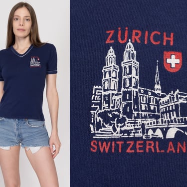 Sm-Med 70s Zurich Switzerland Tourist T Shirt | Vintage Navy Blue Graphic Fitted Ringer Tee 