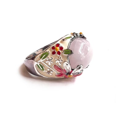 Vintage David Sigal Sterling Ring, Floral Enameled Sterling Setting with Rose Quartz Stone, Statement Ring, Canada Ring, Gift for Her, QVC 