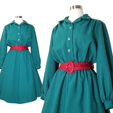 Vintage 1960s Shirt Dress, Extra Large / Emerald Green Flared Swing Dress with Buttons 