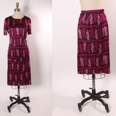 1970s Dark Magenta and Black Short Sleeve Gothic Style Black Rose Coffin Shape Print Shirt Blouse  with Matching Skirt Two Piece Outfit -M 
