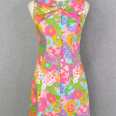 Most Polite - 1960's - Linen - Floral Print - Bow - Metal Zipper - Estimated size Small 4/6 