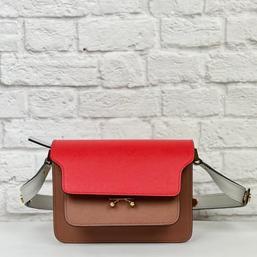 Mani Saffiano Leather Mini Trunk Bag, Grey/Red, Camel
