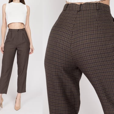 XS 80s Brown Plaid Pleated Trousers 25" | Retro Vintage High Waisted Tapered Leg Ankle Pants 