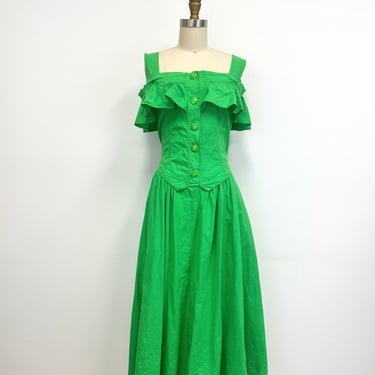 Vintage Off the Shoulder Dress | Bright Green Dress with Pockets | Size Medium 