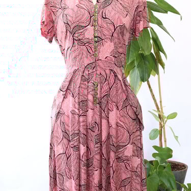 1940s Tree of Life Buttoned Rayon Dress M-M/L