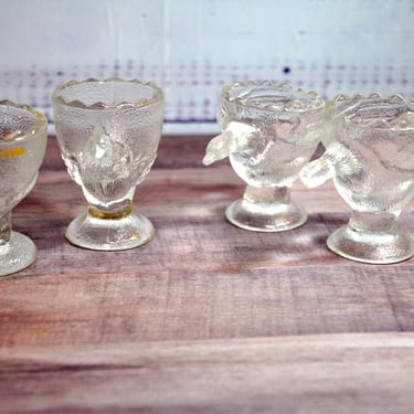 Vintage Pressed Glass Figural Egg Cups Total 4 Chicken Baby Bird Goose Collectible VERY RARE Beautiful Decor Treasured Gift Easter Egg Cup 