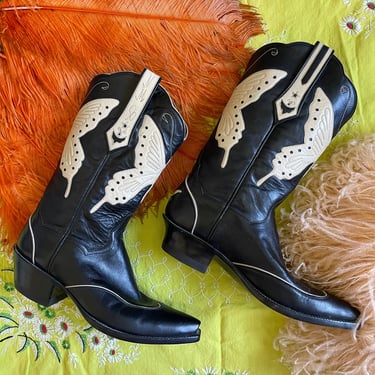 1980s J. B. Hill Butterfly Design Leather Cowboy Boots size 6.5 Narrow 
