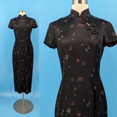 Y2K Rampage XS Cheongsam Sheath Dress - 2000s Black Short Sleeve Asian Chinese Style Maxi Sheath Dress 