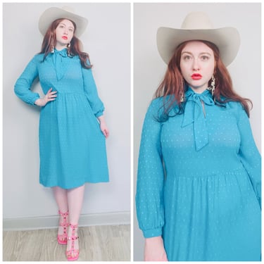 1970s Vintage Lady Carol Sheer Turquoise Swiss Dot Dress /  Bow Neck Blouson Fit And Flare Dress / Size Large 