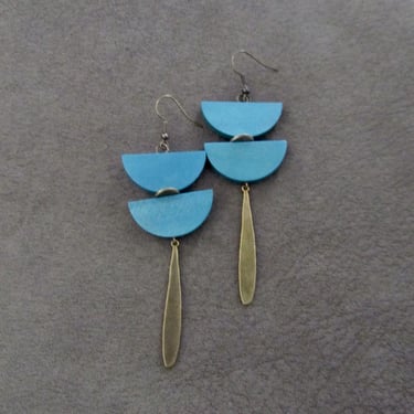 Long blue wood and bronze earrings, Afrocentric dangle earrings, statement earrings, African jewelry, bold ethnic earrings 