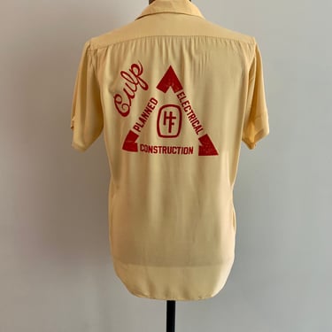 1950s yellow rayon flocked print Service  bowling shirt-Size M 