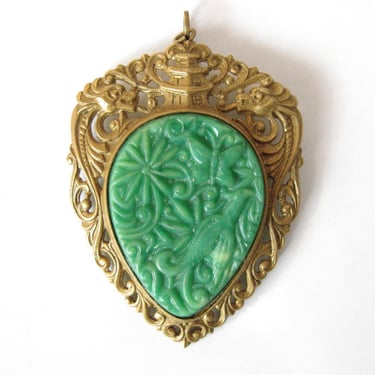 Vintage Asian Dragon Heads and Pagoda Brooch Pendant Combo - Ornate Pierced Metal and Green Molded Celluloid Pin 