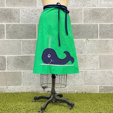 Vintage Wrap Skirt Retro 1970s Handmade + Reversible + Whale Applique + Navy and Green + Gingham + A-Line + Knee Length + Womens Apparel 