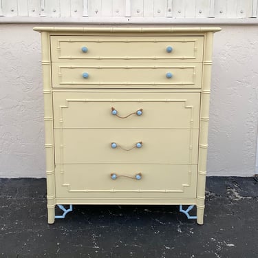 Vintage Coastal Tallboy Dresser Chest with 5 Drawers, Faux Bamboo Details and Painted Yellow and Blue - Thomasville Allegro Furniture 