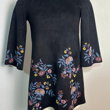 Vintage Zara A-Line Dress Women's Small Black Suede Floral Embroidered High Neck | Gift For Her | Gift For Mom | Casual Outfits | 70s Wears 