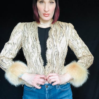 Vintage 1980s Victor Costa Tan Lace Silver Metallic Lurex & Sequin Jacket w/ Tan Fox Fur Trim Cuffs - size Small XS 