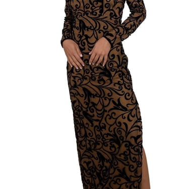 1990s Black Semi-Sheer Flocked Velvet On Tulle Long Sleeved Gown Lined In Nude Silk Chiffon 