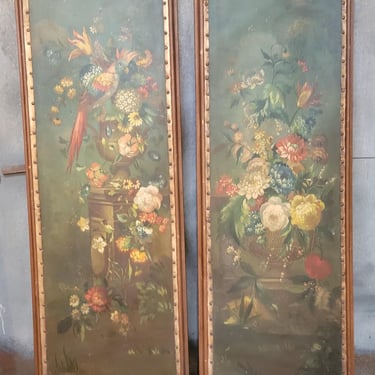 Floral & Parrot Antique Wall Panels / Paintings 1920's 