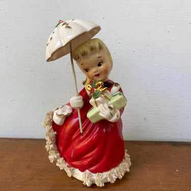 Vintage Napco Christmas Girl With Umbrella, S1677A, Red Dress With Spaghetti Trim, Blonde With Ponytail, REPAIRS MADE 